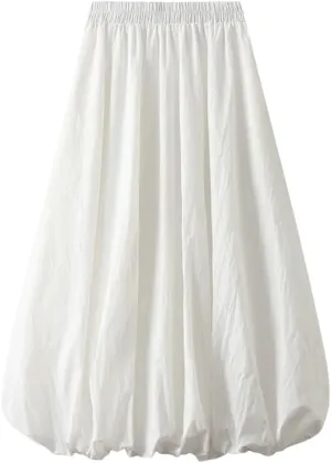 Women Solid Color Pleated Skirt High Waisted Midi Skirt Double Layers A-Line Long Skirt
