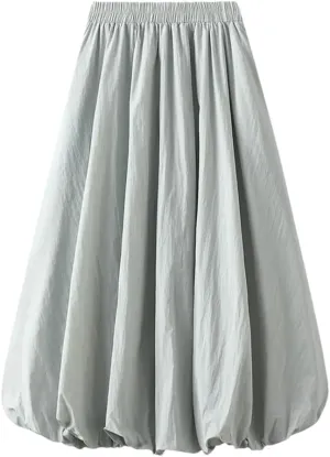 Women Solid Color Pleated Skirt High Waisted Midi Skirt Double Layers A-Line Long Skirt
