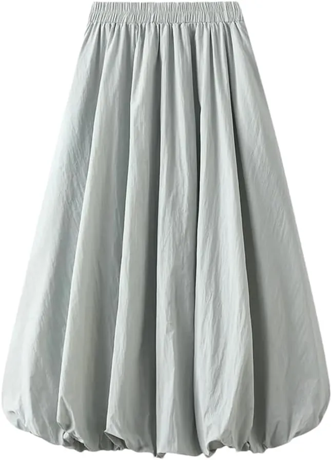 Women Solid Color Pleated Skirt High Waisted Midi Skirt Double Layers A-Line Long Skirt
