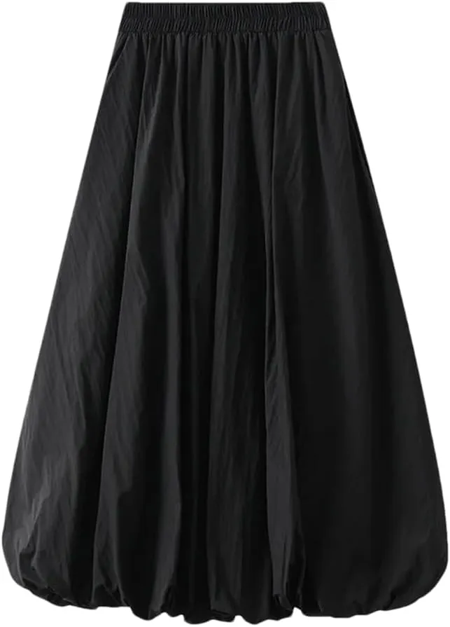 Women Solid Color Pleated Skirt High Waisted Midi Skirt Double Layers A-Line Long Skirt