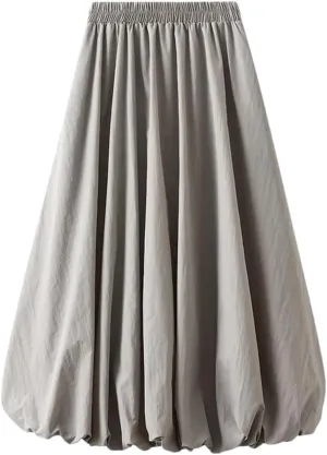 Women Solid Color Pleated Skirt High Waisted Midi Skirt Double Layers A-Line Long Skirt