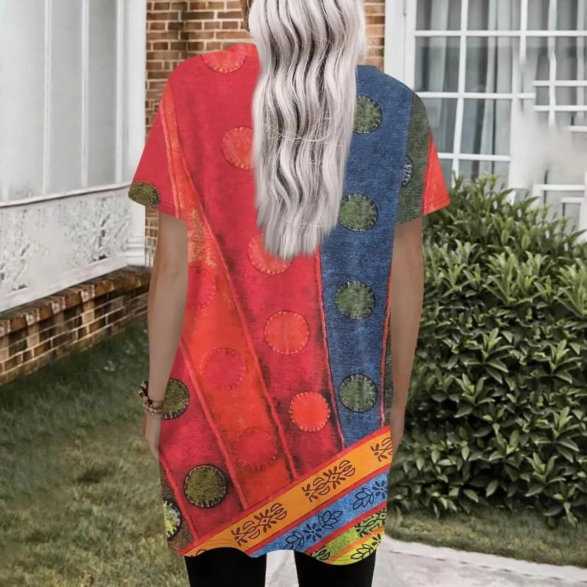 Women Tops V Neck Summer Fashion Clothing Cute Geometric Print Petite Short Sleeve Blouse