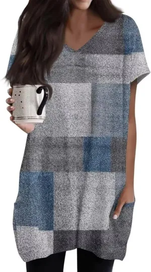 Women Tops V Neck Summer Fashion Clothing Cute Geometric Print Petite Short Sleeve Blouse