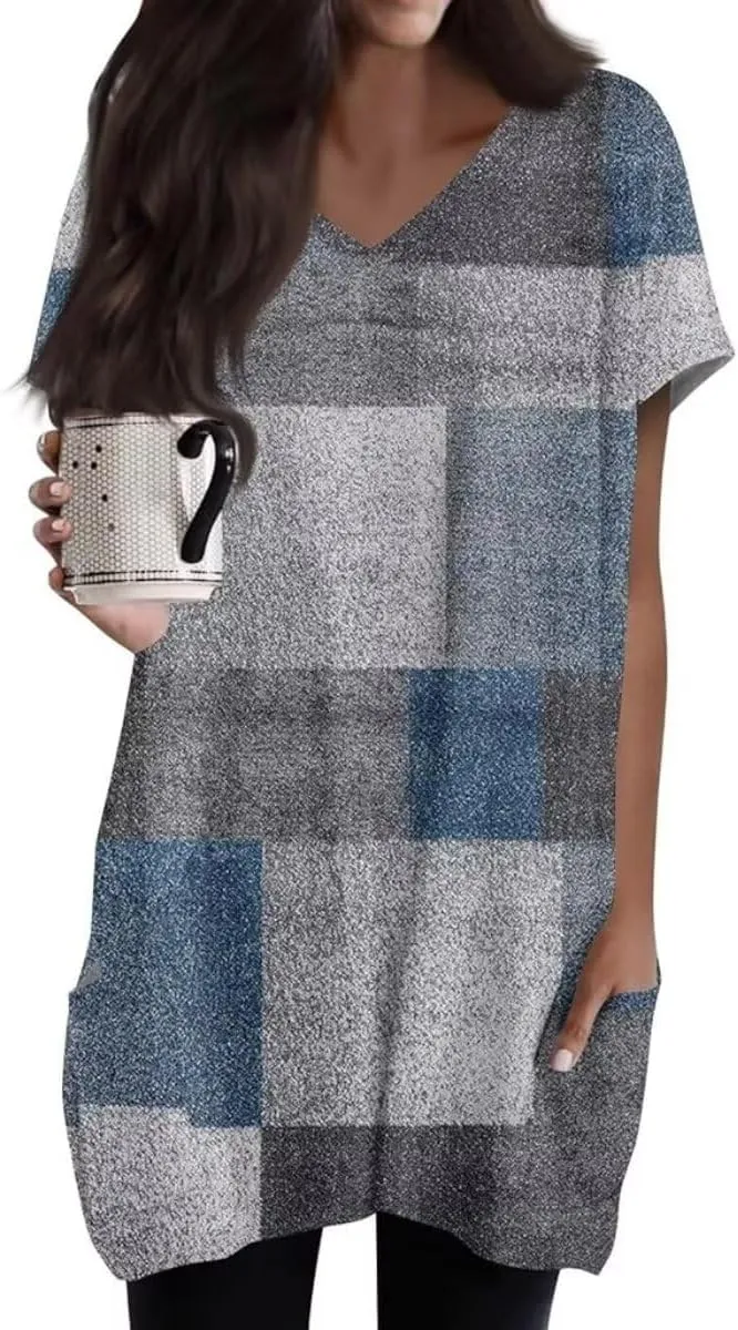 Women Tops V Neck Summer Fashion Clothing Cute Geometric Print Petite Short Sleeve Blouse