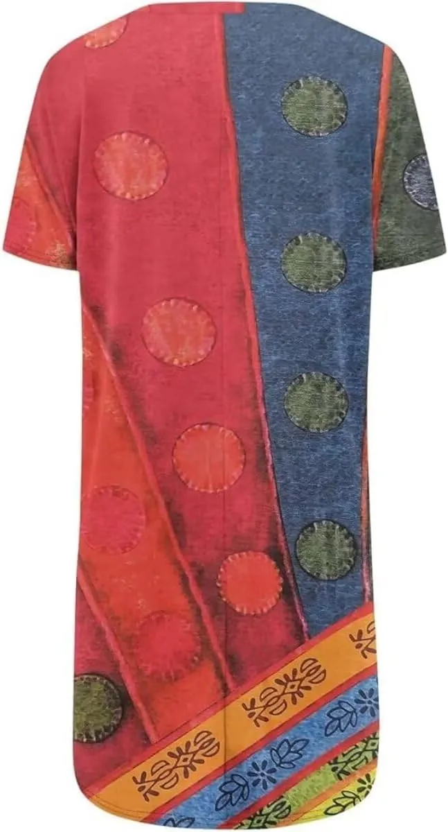 Women Tops V Neck Summer Fashion Clothing Cute Geometric Print Petite Short Sleeve Blouse