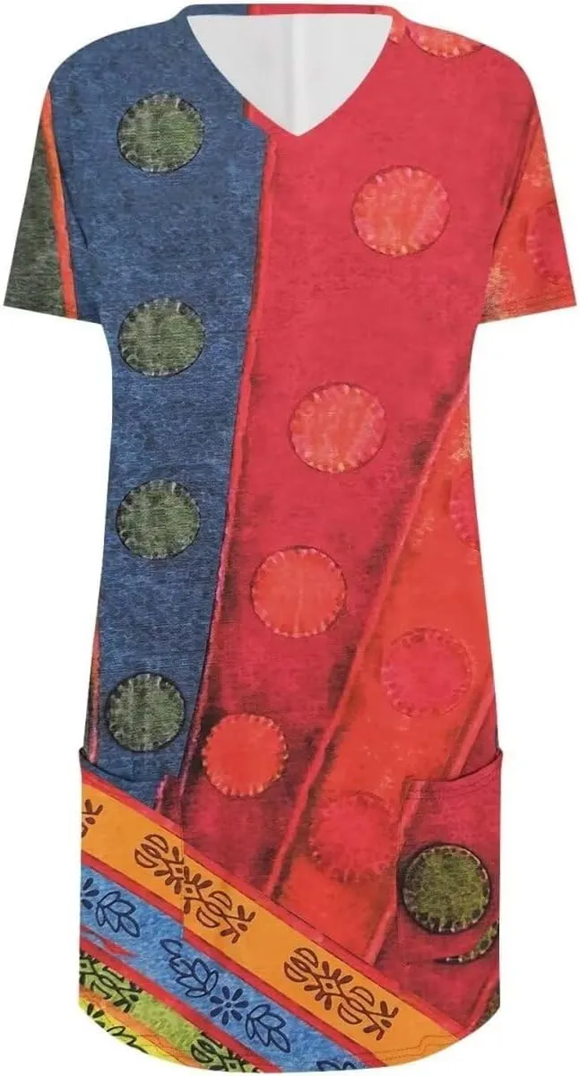 Women Tops V Neck Summer Fashion Clothing Cute Geometric Print Petite Short Sleeve Blouse