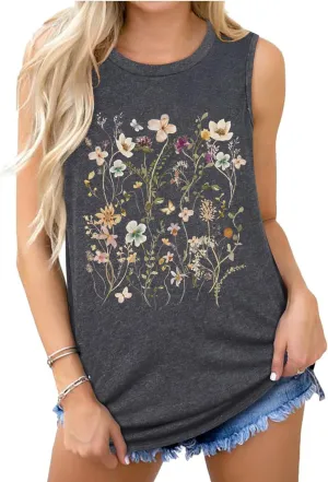 Women Wildflower Shirts Boho Vintage Floral Printed Tank Tops Nature Botanical Graphic Sleeveless Tees