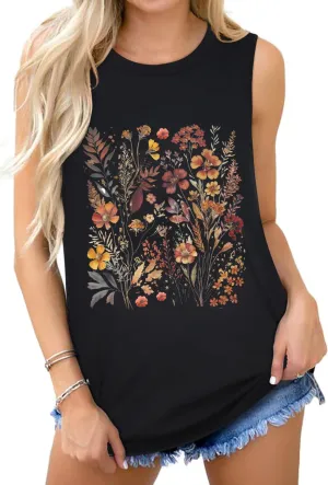 Women Wildflower Shirts Boho Vintage Floral Printed Tank Tops Nature Botanical Graphic Sleeveless Tees