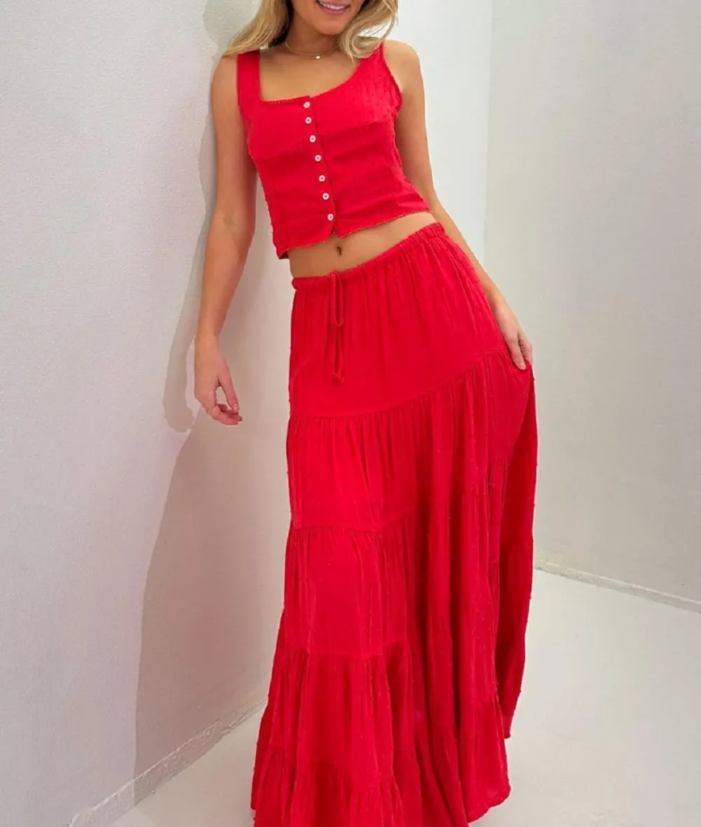 Women Y2K 2 Piece Skirt Set Spaghetti Strap Cropped Cami Ruffle Tiered Flowy Maxi Skirt Vacation Beach Outfits