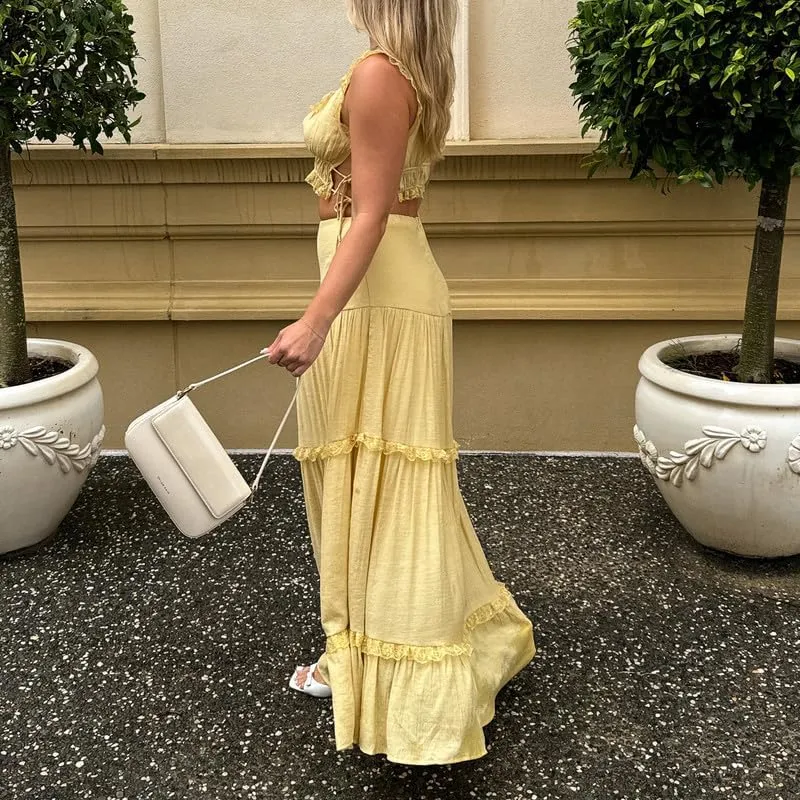 Women Y2K 2 Piece Skirt Set Spaghetti Strap Cropped Cami Ruffle Tiered Flowy Maxi Skirt Vacation Beach Outfits