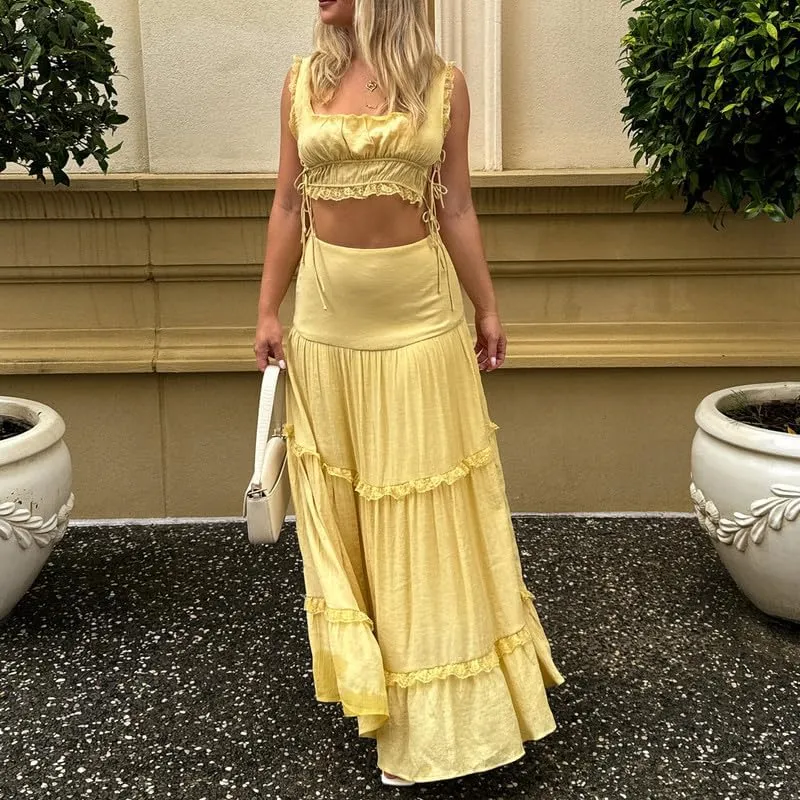 Women Y2K 2 Piece Skirt Set Spaghetti Strap Cropped Cami Ruffle Tiered Flowy Maxi Skirt Vacation Beach Outfits