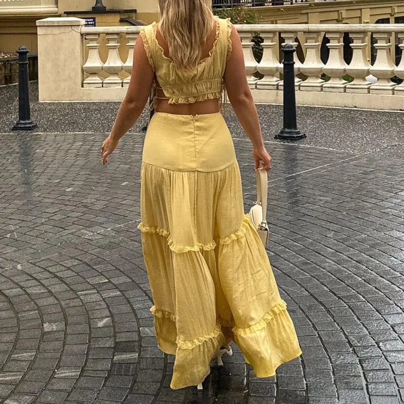 Women Y2K 2 Piece Skirt Set Spaghetti Strap Cropped Cami Ruffle Tiered Flowy Maxi Skirt Vacation Beach Outfits