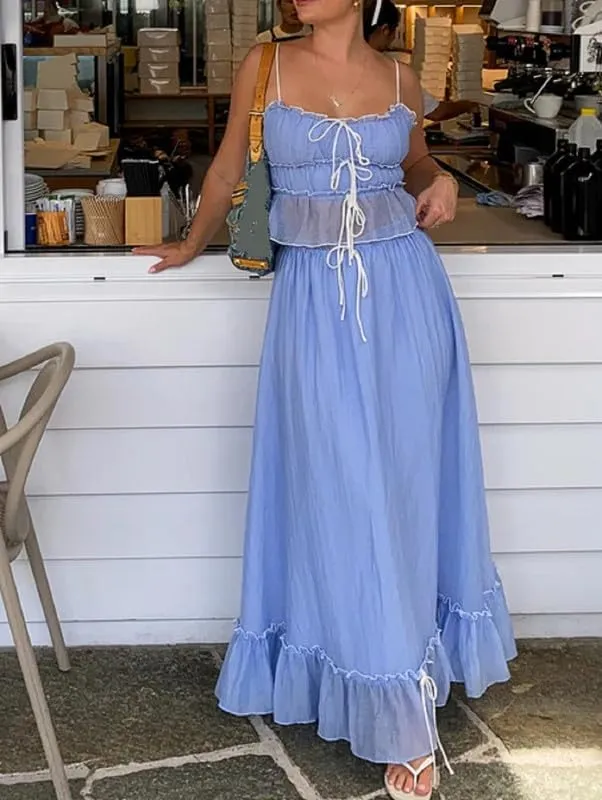 Women Y2K 2 Piece Skirt Set Spaghetti Strap Cropped Cami Ruffle Tiered Flowy Maxi Skirt Vacation Beach Outfits