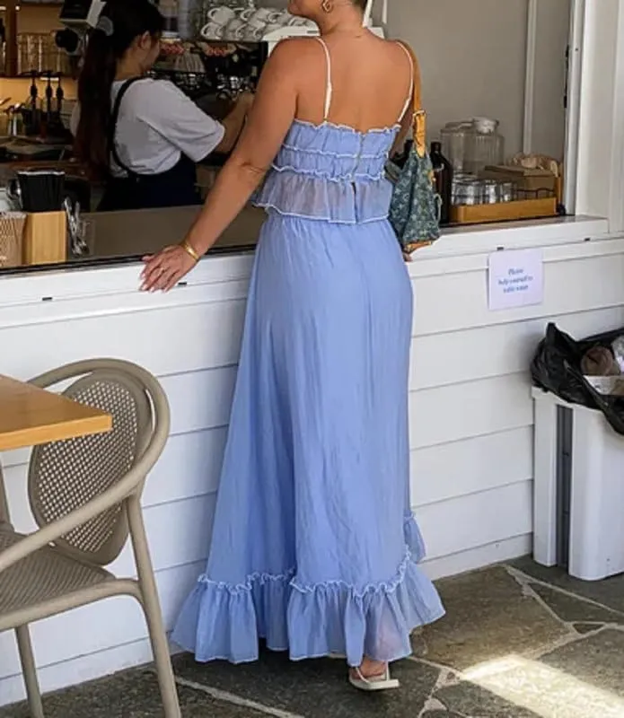 Women Y2K 2 Piece Skirt Set Spaghetti Strap Cropped Cami Ruffle Tiered Flowy Maxi Skirt Vacation Beach Outfits