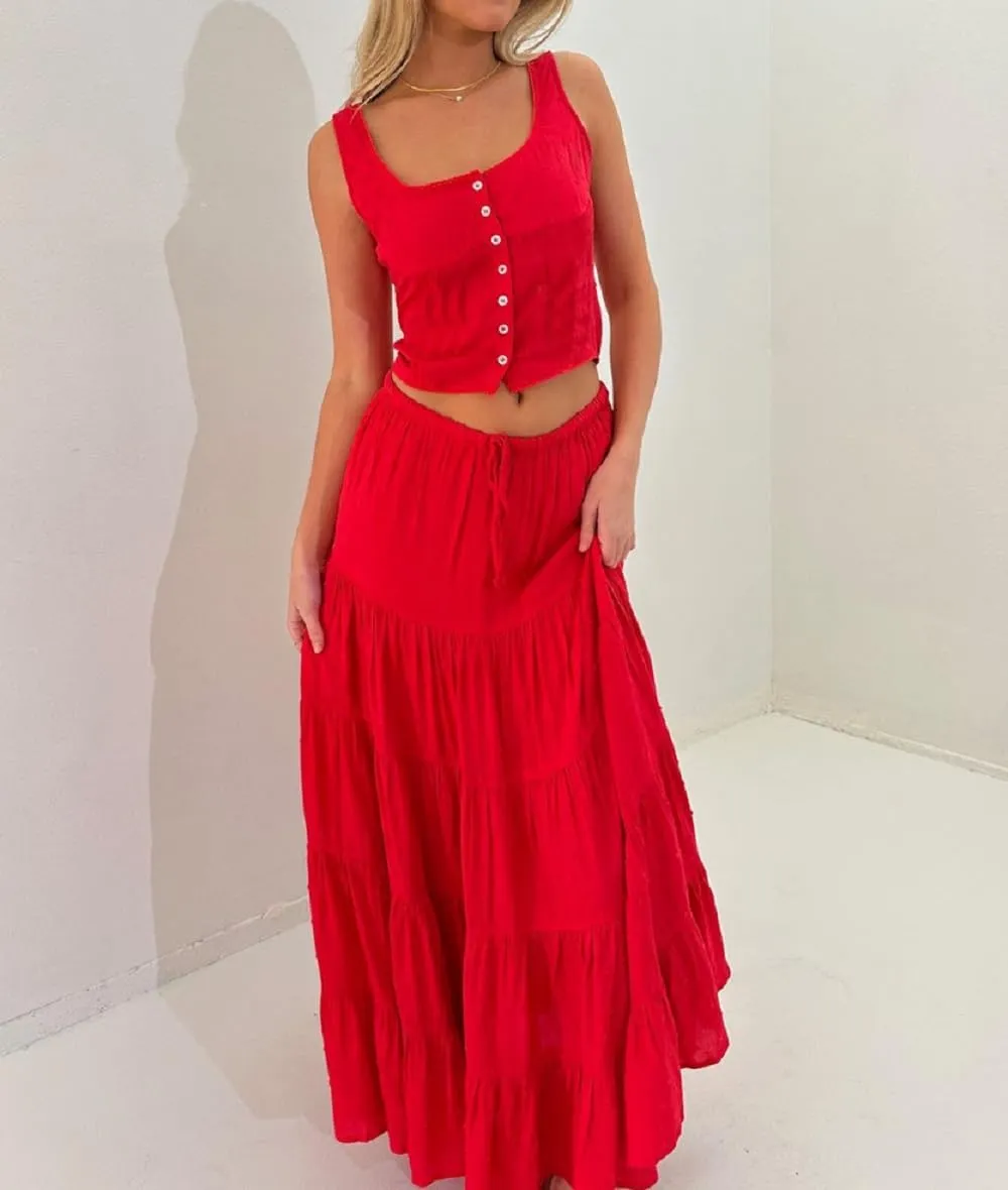 Women Y2K 2 Piece Skirt Set Spaghetti Strap Cropped Cami Ruffle Tiered Flowy Maxi Skirt Vacation Beach Outfits