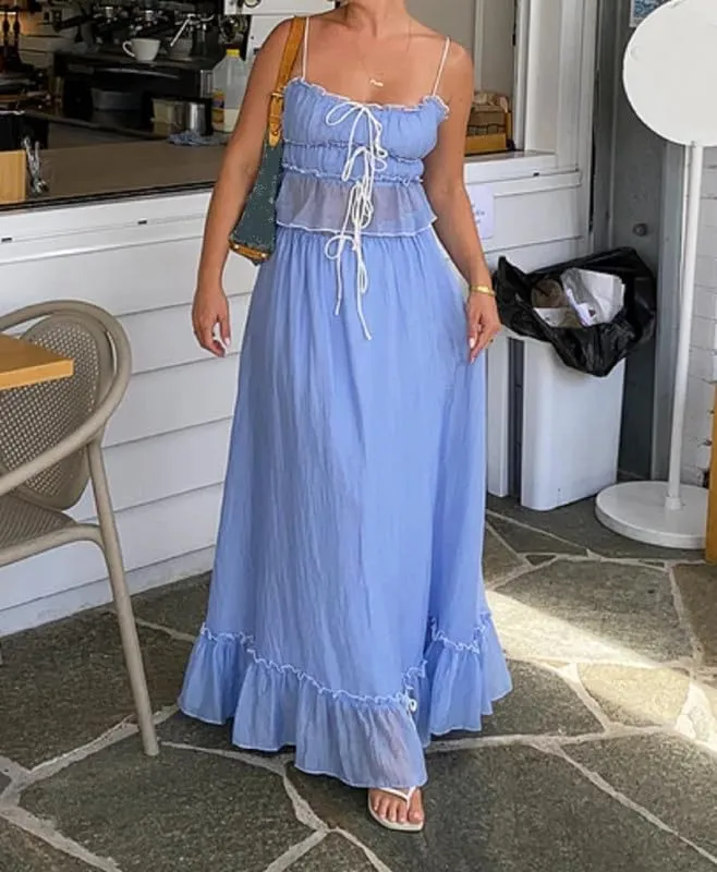 Women Y2K 2 Piece Skirt Set Spaghetti Strap Cropped Cami Ruffle Tiered Flowy Maxi Skirt Vacation Beach Outfits
