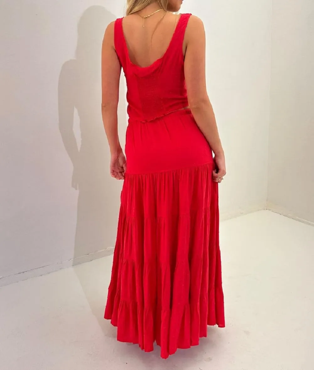 Women Y2K 2 Piece Skirt Set Spaghetti Strap Cropped Cami Ruffle Tiered Flowy Maxi Skirt Vacation Beach Outfits