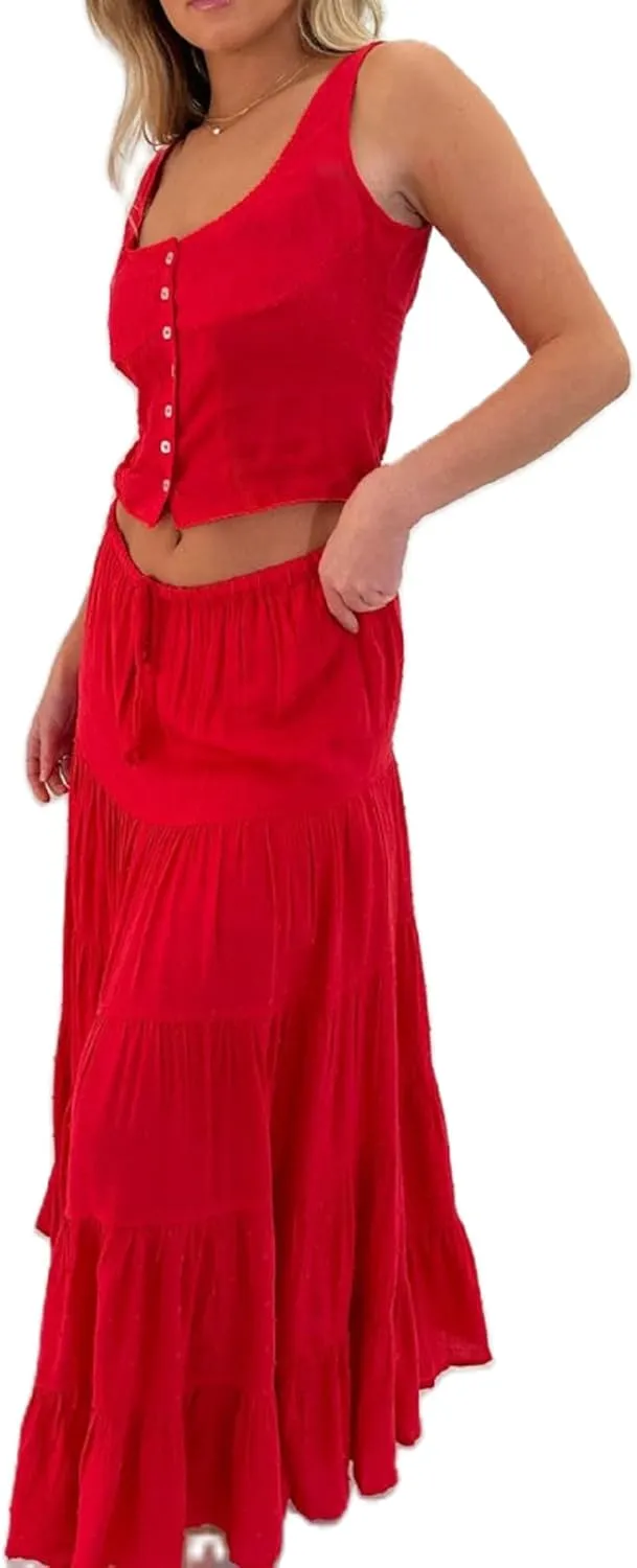 Women Y2K 2 Piece Skirt Set Spaghetti Strap Cropped Cami Ruffle Tiered Flowy Maxi Skirt Vacation Beach Outfits
