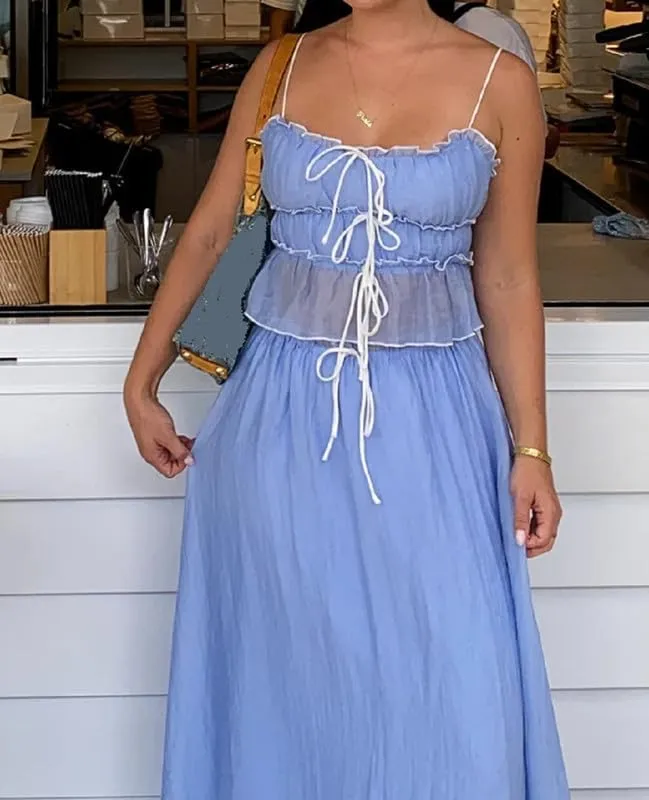 Women Y2K 2 Piece Skirt Set Spaghetti Strap Cropped Cami Ruffle Tiered Flowy Maxi Skirt Vacation Beach Outfits