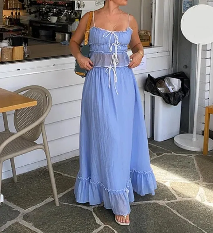 Women Y2K 2 Piece Skirt Set Spaghetti Strap Cropped Cami Ruffle Tiered Flowy Maxi Skirt Vacation Beach Outfits
