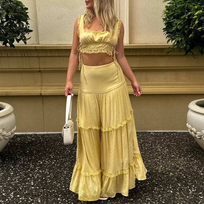 Women Y2K 2 Piece Skirt Set Spaghetti Strap Cropped Cami Ruffle Tiered Flowy Maxi Skirt Vacation Beach Outfits