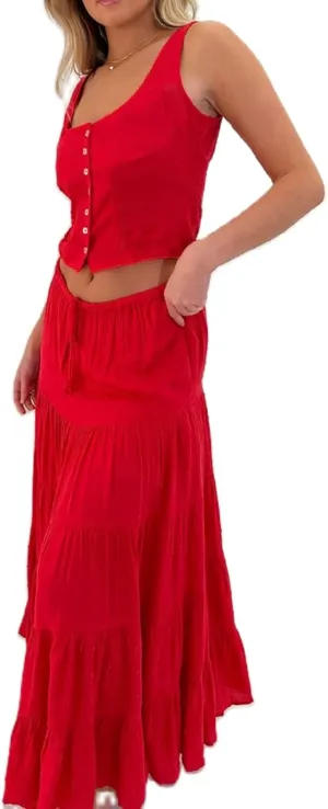 Women Y2K 2 Piece Skirt Set Spaghetti Strap Cropped Cami Ruffle Tiered Flowy Maxi Skirt Vacation Beach Outfits