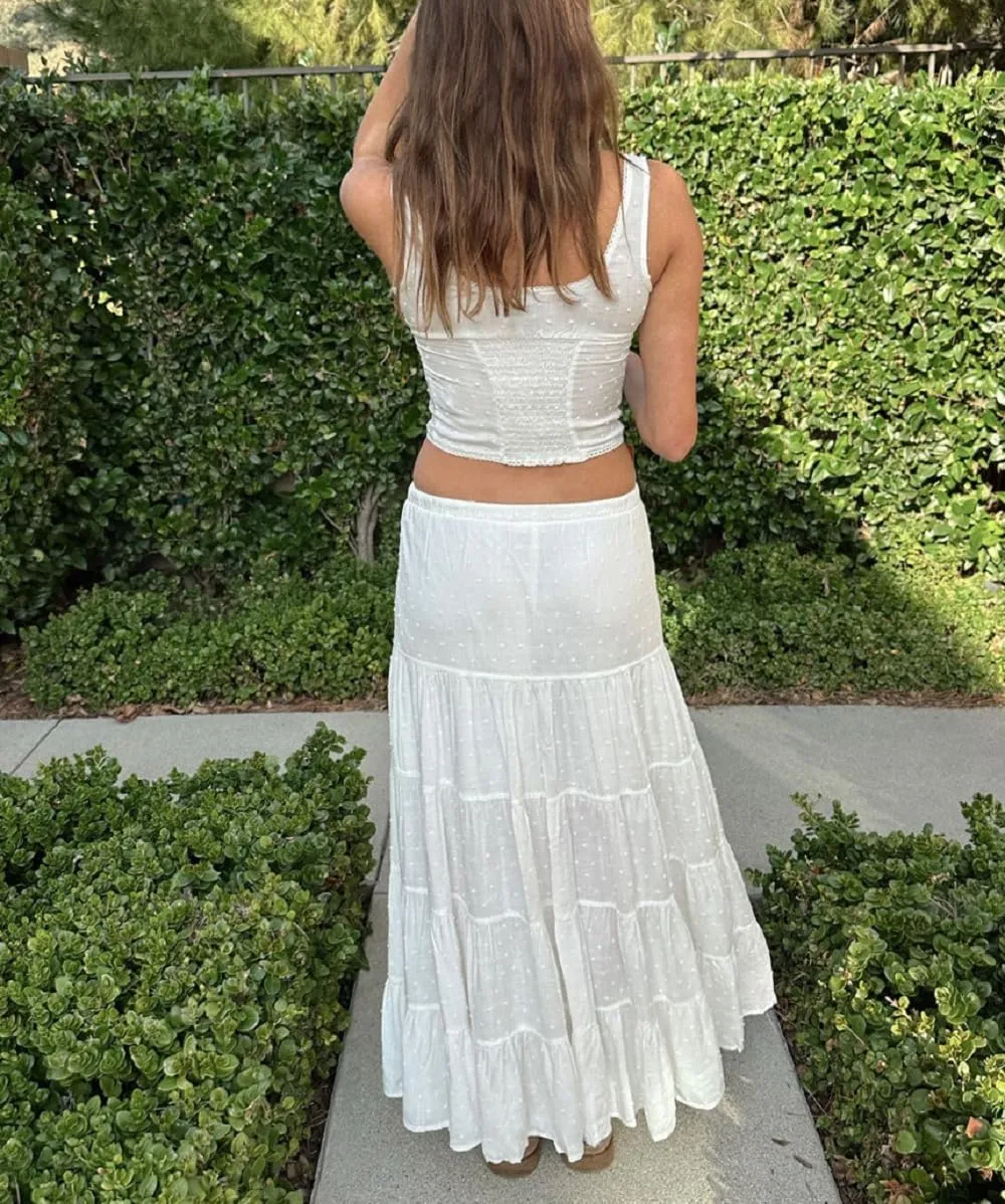Women Y2K 2 Piece Skirt Set Spaghetti Strap Cropped Cami Ruffle Tiered Flowy Maxi Skirt Vacation Beach Outfits