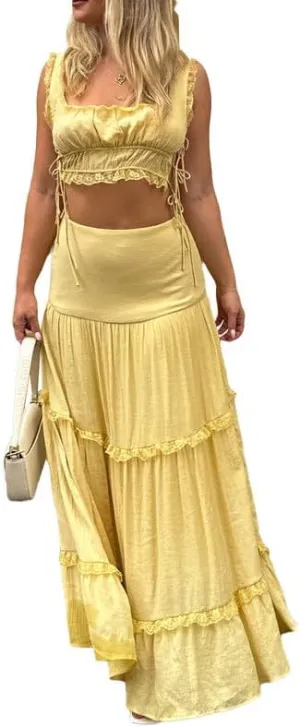 Women Y2K 2 Piece Skirt Set Spaghetti Strap Cropped Cami Ruffle Tiered Flowy Maxi Skirt Vacation Beach Outfits