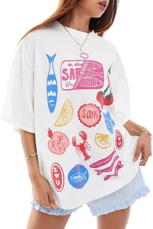 Women Y2k Oversized Summer Tops Cute Fruit Loose Fit Vintage T Shirts Crew Neck Aesthetic Graphic Short Sleeve