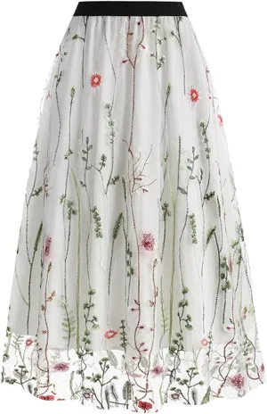 Women's 2 Layers Floral High Elastic Waist Long Mesh Skirt Tulle Skirt Summer Pleated A-line Midi Skirts