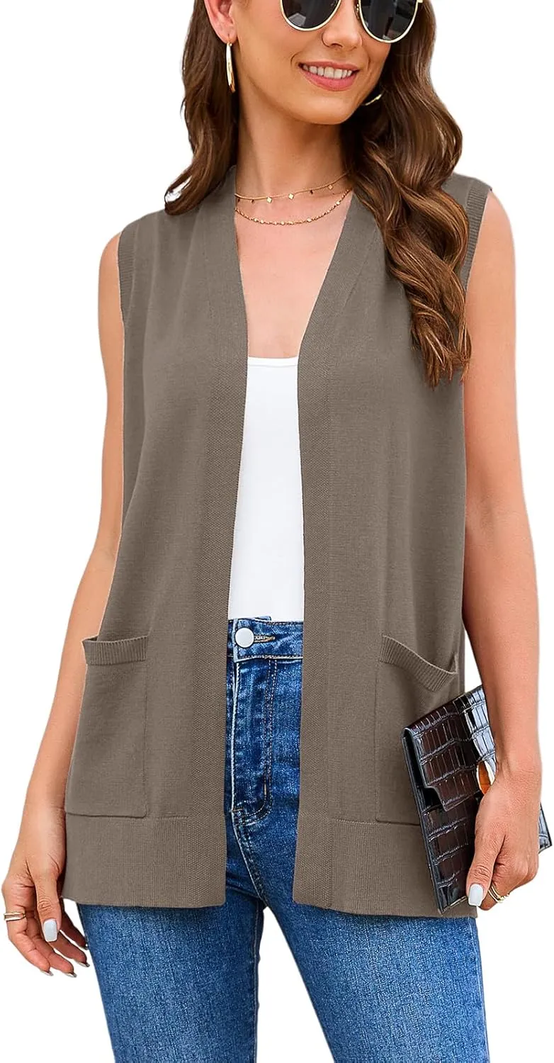 Women's 2025 Sleeveless Cardigan Sweaters Fashion Casual Soft Knit Office Duster Vests with Cozy Pockets (S-3XL)