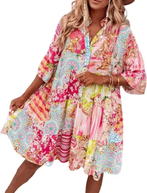 Women's 2025 Summer Pink Floral Mini Dress Casual 3/4 Sleeve Flowy V Tie Buckle Bohemian Beach Style Dress