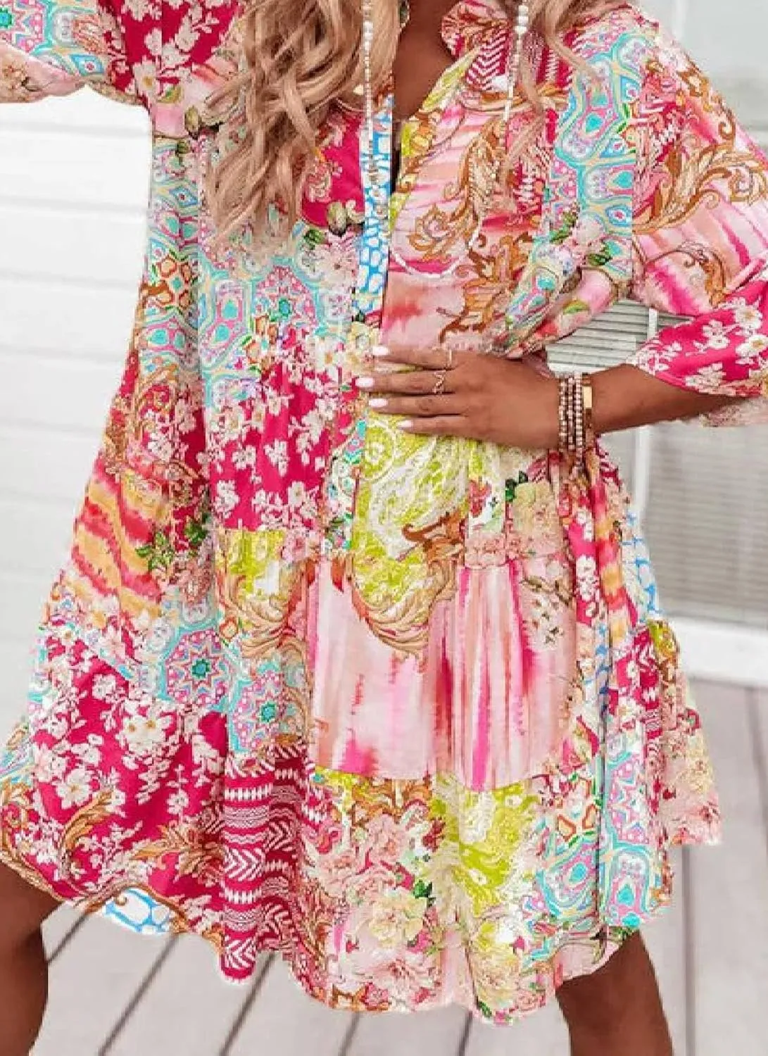 Women's 2025 Summer Pink Floral Mini Dress Casual 3/4 Sleeve Flowy V Tie Buckle Bohemian Beach Style Dress