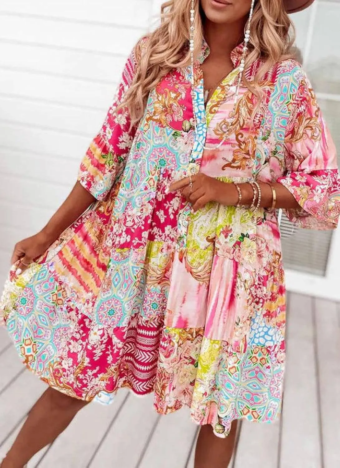 Women's 2025 Summer Pink Floral Mini Dress Casual 3/4 Sleeve Flowy V Tie Buckle Bohemian Beach Style Dress