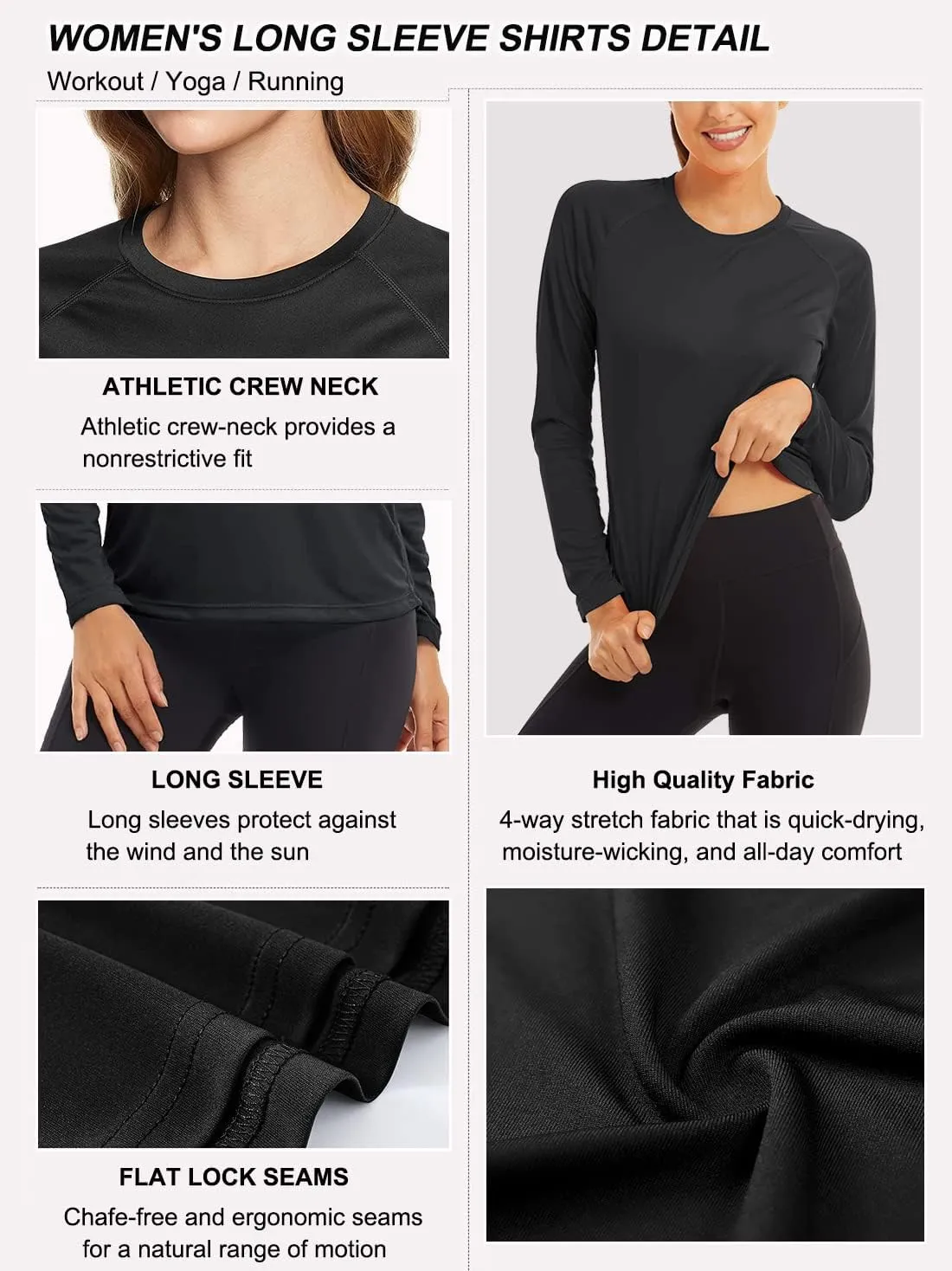 Women's 3 Pack Long Sleeve Workout Running Shirts, UPF 50  Sun Protection Shirts, Athletic Exercise Gym Yoga T-Shirts Tops