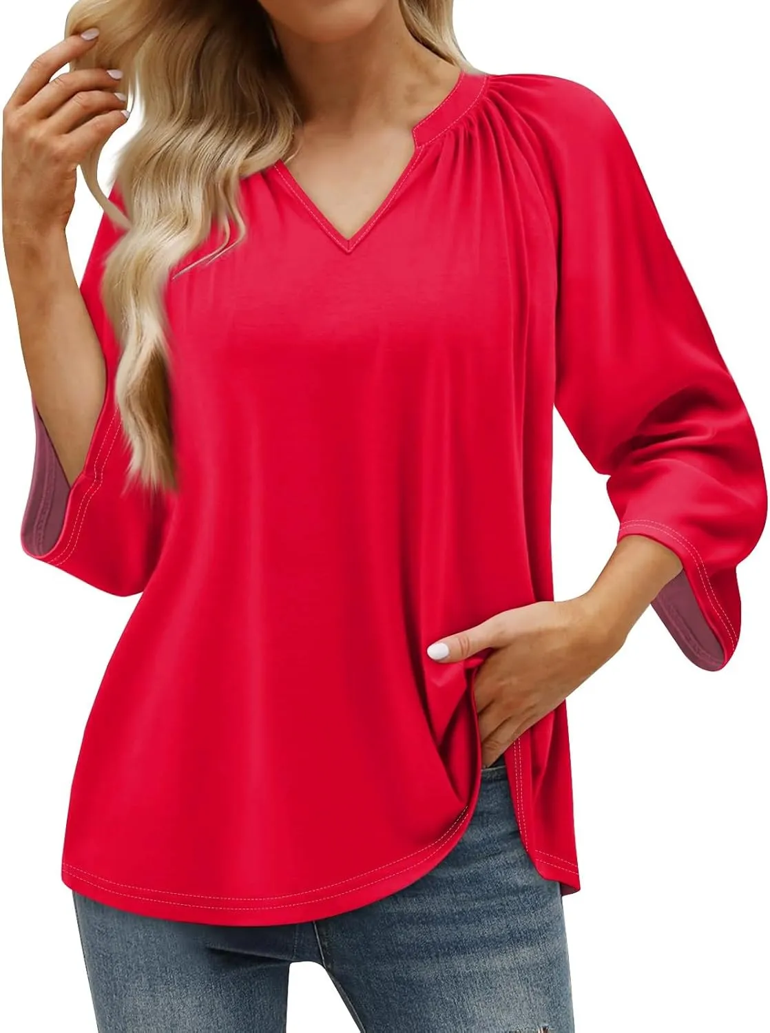 Womens 3/4 Length Sleeve Tops Casual V Neck Summer Shirts Loose Fit Three Quarter Length Sleeve Blouse