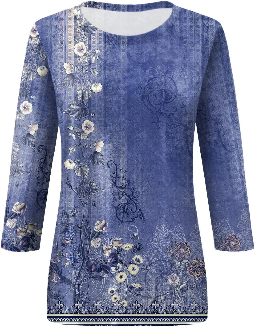 Womens 3/4 Sleeve Tops Womens Blouses Dressy Casual Loose Floral Print Pullover Tops Fall Fashion 2024