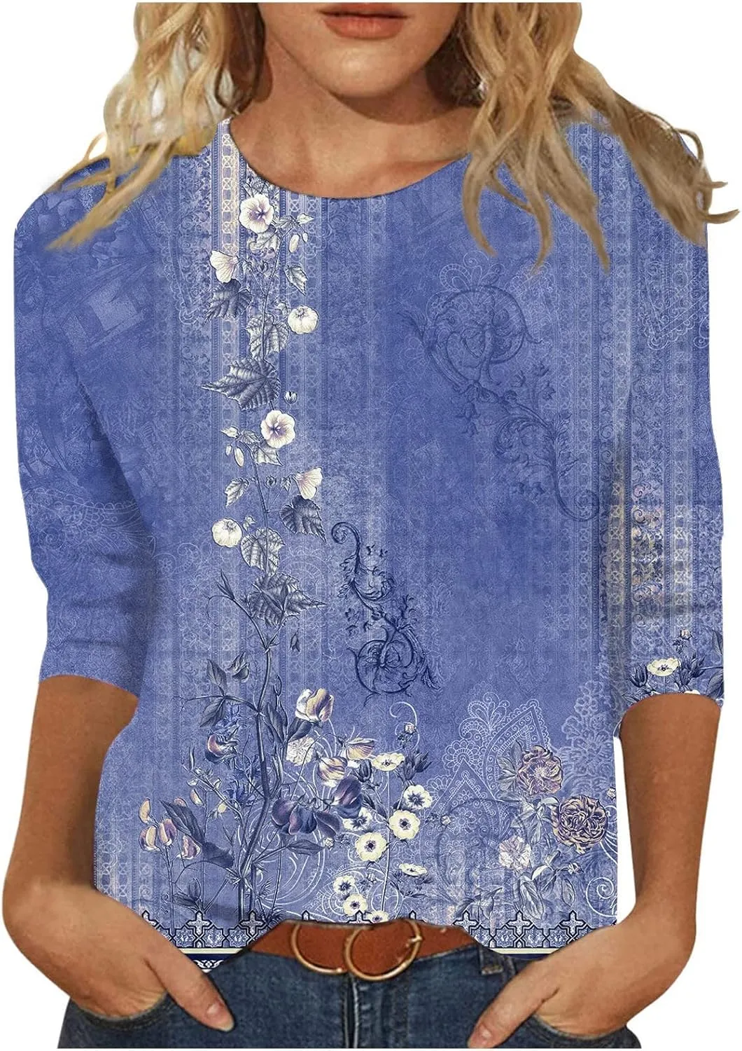 Womens 3/4 Sleeve Tops Womens Blouses Dressy Casual Loose Floral Print Pullover Tops Fall Fashion 2024