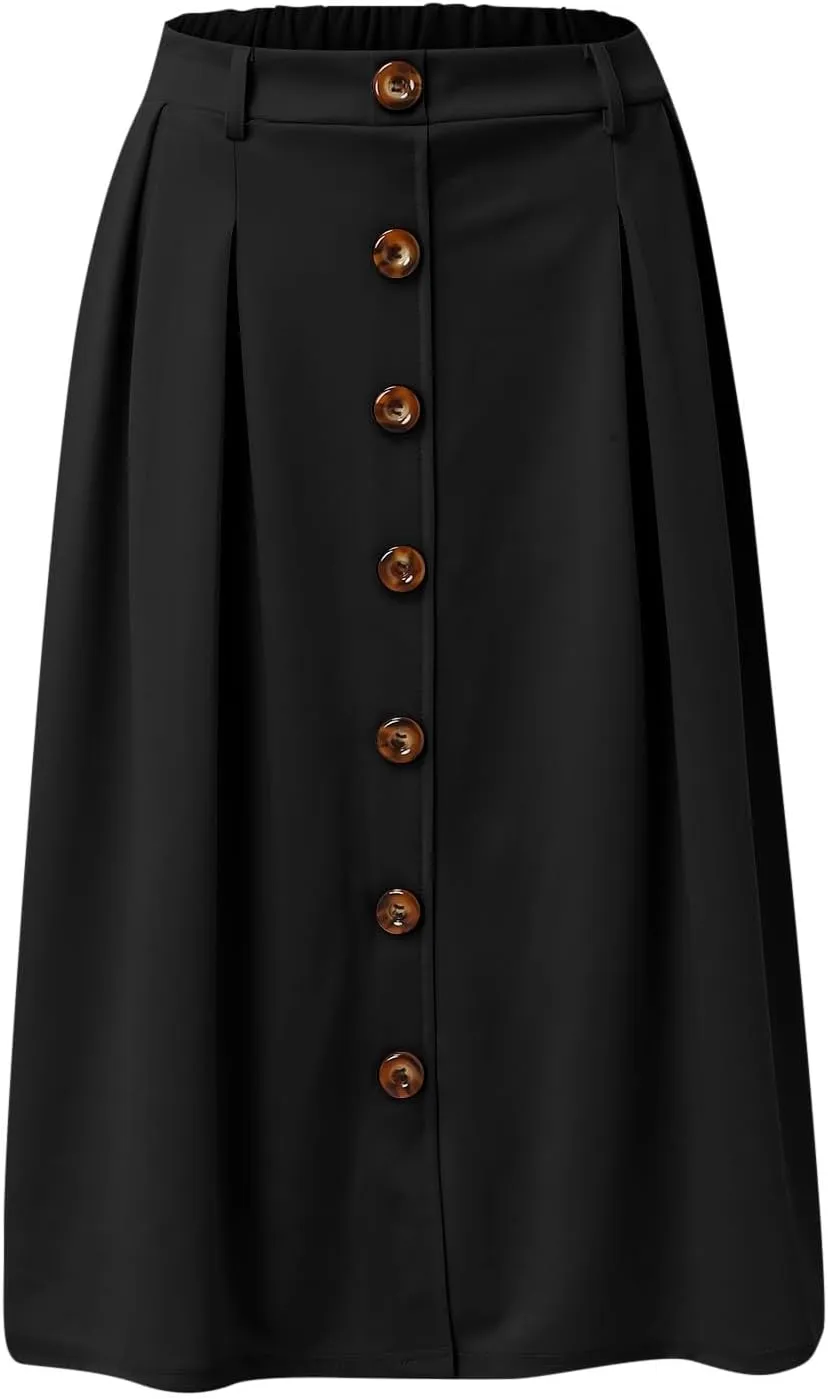 Womens A Line Flared Midi Skirt Pleated Elastic High Waist Button Front Casual Elegant Trendy Flowy Comfy Skirts
