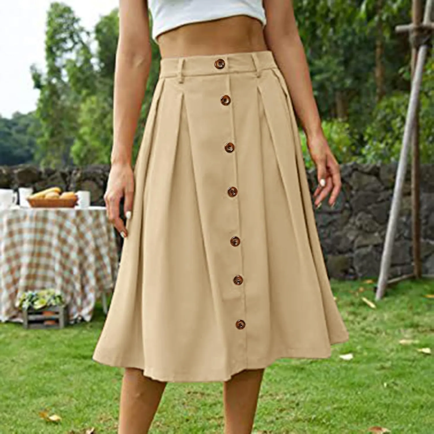 Womens A Line Flared Midi Skirt Pleated Elastic High Waist Button Front Casual Elegant Trendy Flowy Comfy Skirts