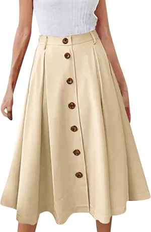 Womens A Line Flared Midi Skirt Pleated Elastic High Waist Button Front Casual Elegant Trendy Flowy Comfy Skirts