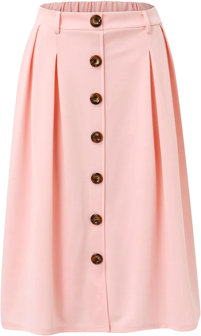Womens A Line Flared Midi Skirt Pleated Elastic High Waist Button Front Casual Elegant Trendy Flowy Comfy Skirts