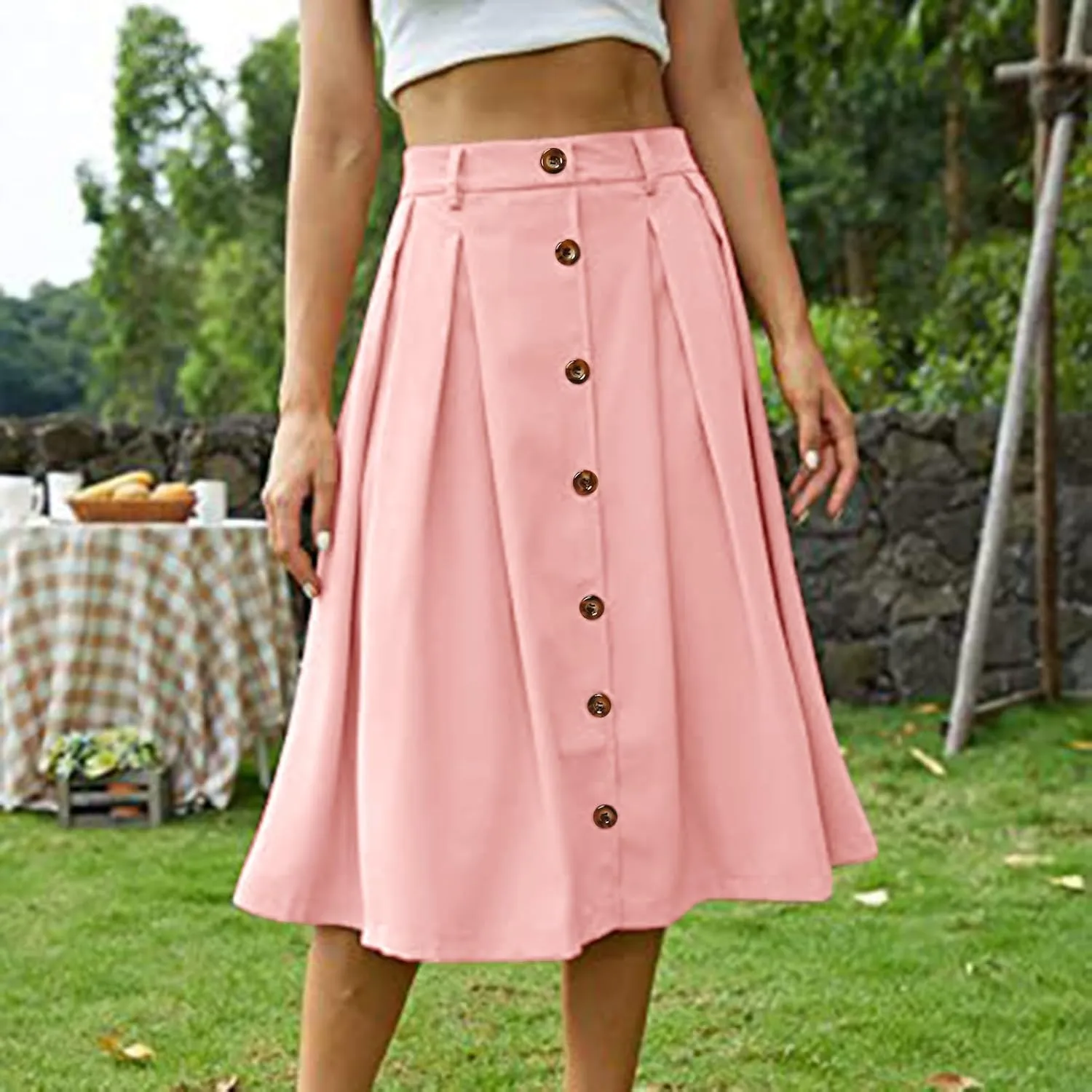 Womens A Line Flared Midi Skirt Pleated Elastic High Waist Button Front Casual Elegant Trendy Flowy Comfy Skirts