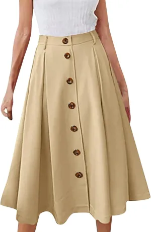 Womens A Line Flared Midi Skirt Pleated Elastic High Waist Button Front Casual Elegant Trendy Flowy Comfy Skirts
