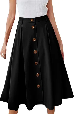 Womens A Line Flared Midi Skirt Pleated Elastic High Waist Button Front Casual Elegant Trendy Flowy Comfy Skirts