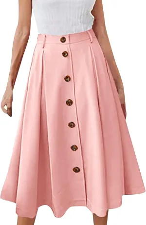 Womens A Line Flared Midi Skirt Pleated Elastic High Waist Button Front Casual Elegant Trendy Flowy Comfy Skirts