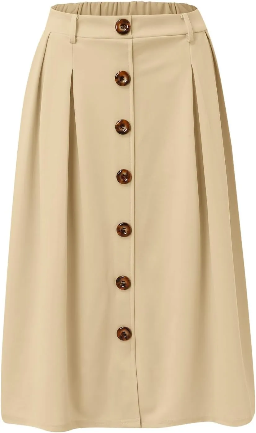 Womens A Line Flared Midi Skirt Pleated Elastic High Waist Button Front Casual Elegant Trendy Flowy Comfy Skirts