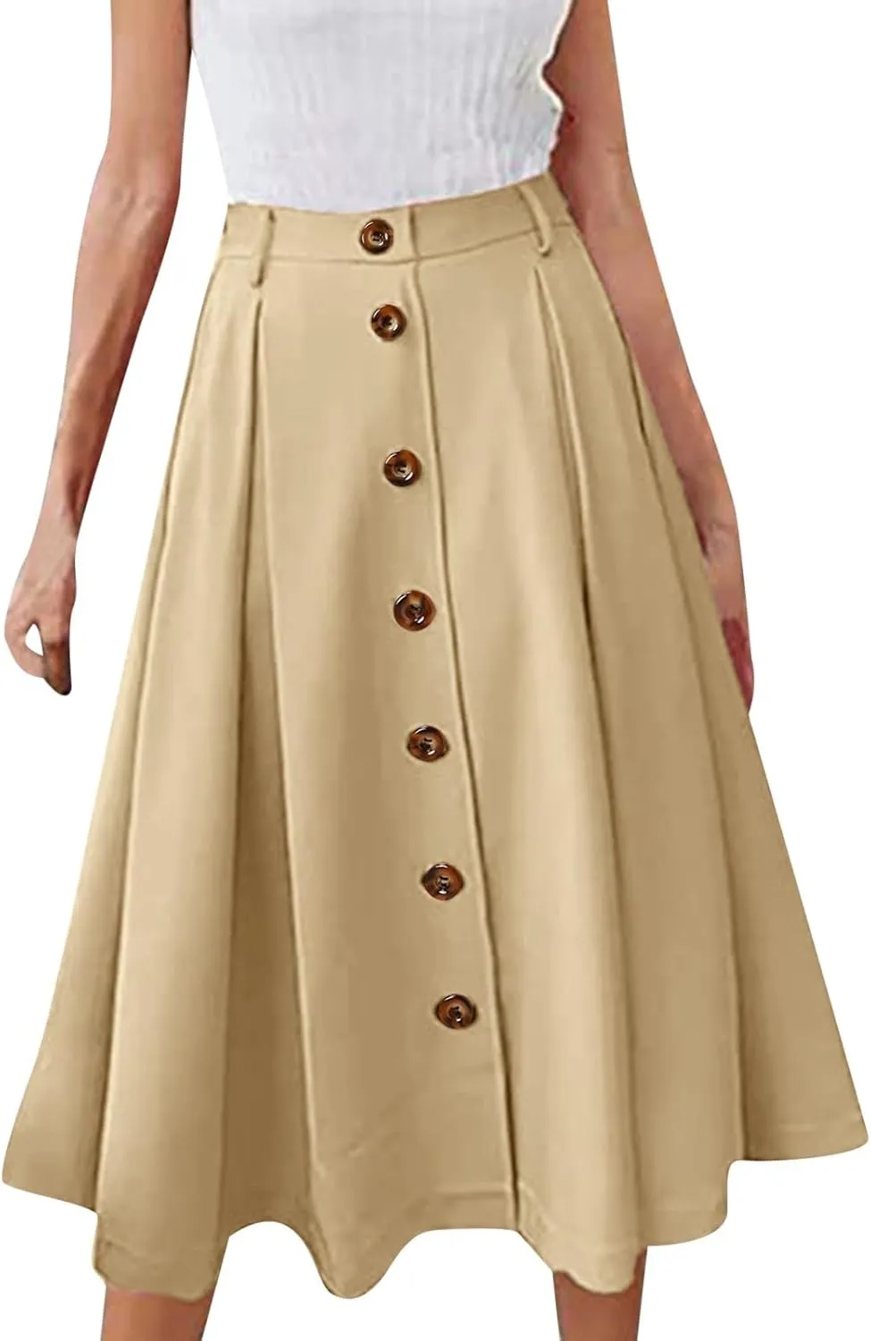 Womens A Line Flared Midi Skirt Pleated Elastic High Waist Button Front Casual Elegant Trendy Flowy Comfy Skirts