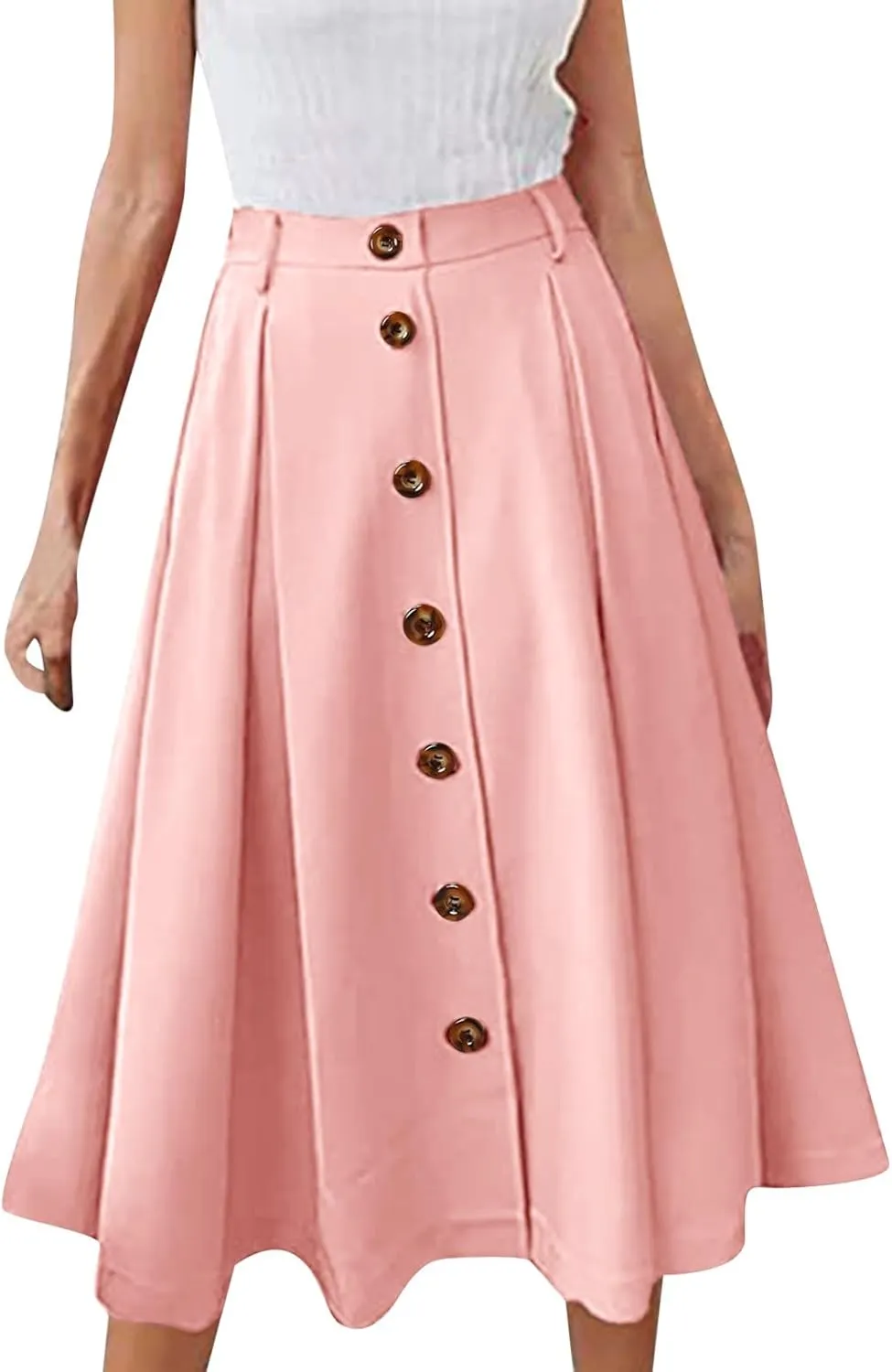 Womens A Line Flared Midi Skirt Pleated Elastic High Waist Button Front Casual Elegant Trendy Flowy Comfy Skirts