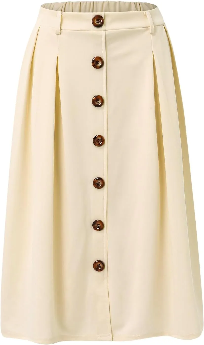 Womens A Line Flared Midi Skirt Pleated Elastic High Waist Button Front Casual Elegant Trendy Flowy Comfy Skirts